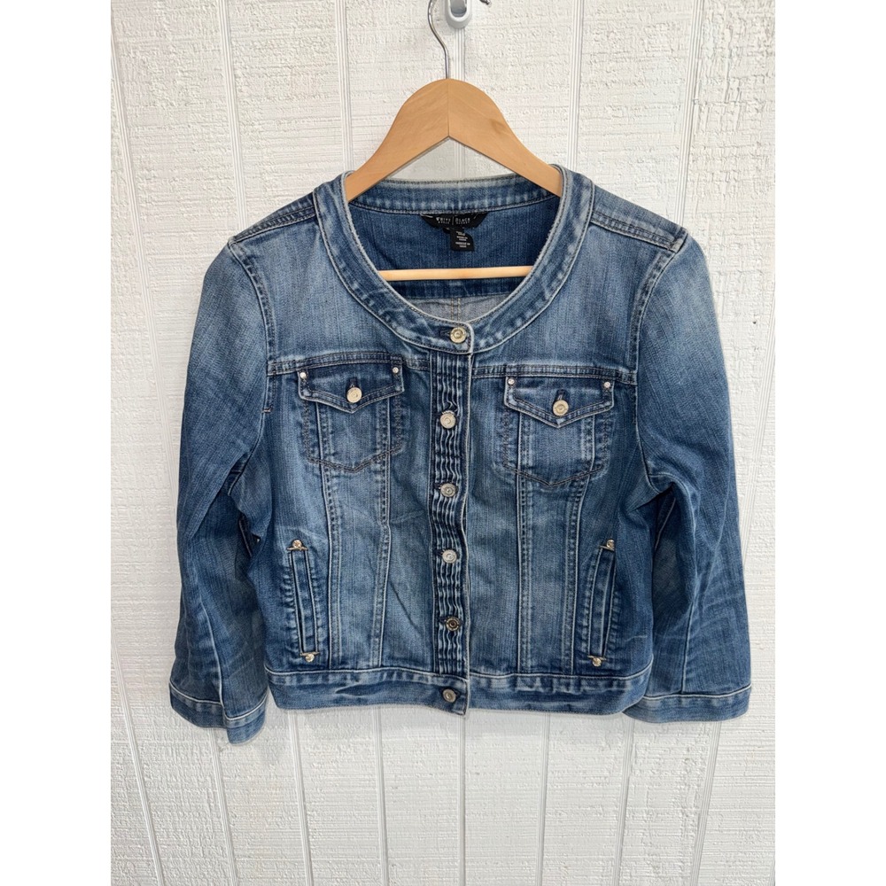 White House Black Market Denim Jacket Womens Blue Collarless Pleated 14